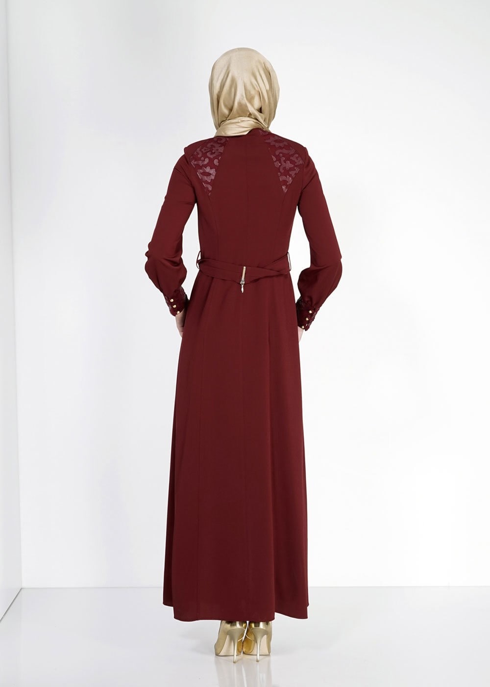 Tesettür giyim BORDO DESENLİ FERMUAR DETAYLI PARDESÜ 1540