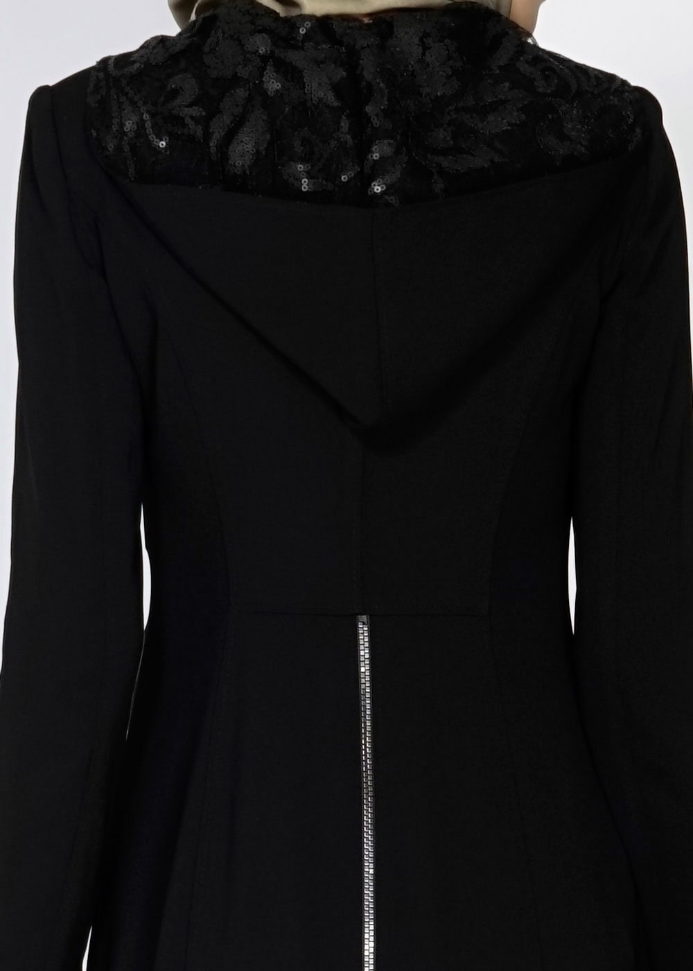 Tesettür giyim SİYAH KAPÜŞONLU PUL PAYET DETAYLI PARDESÜ 1542