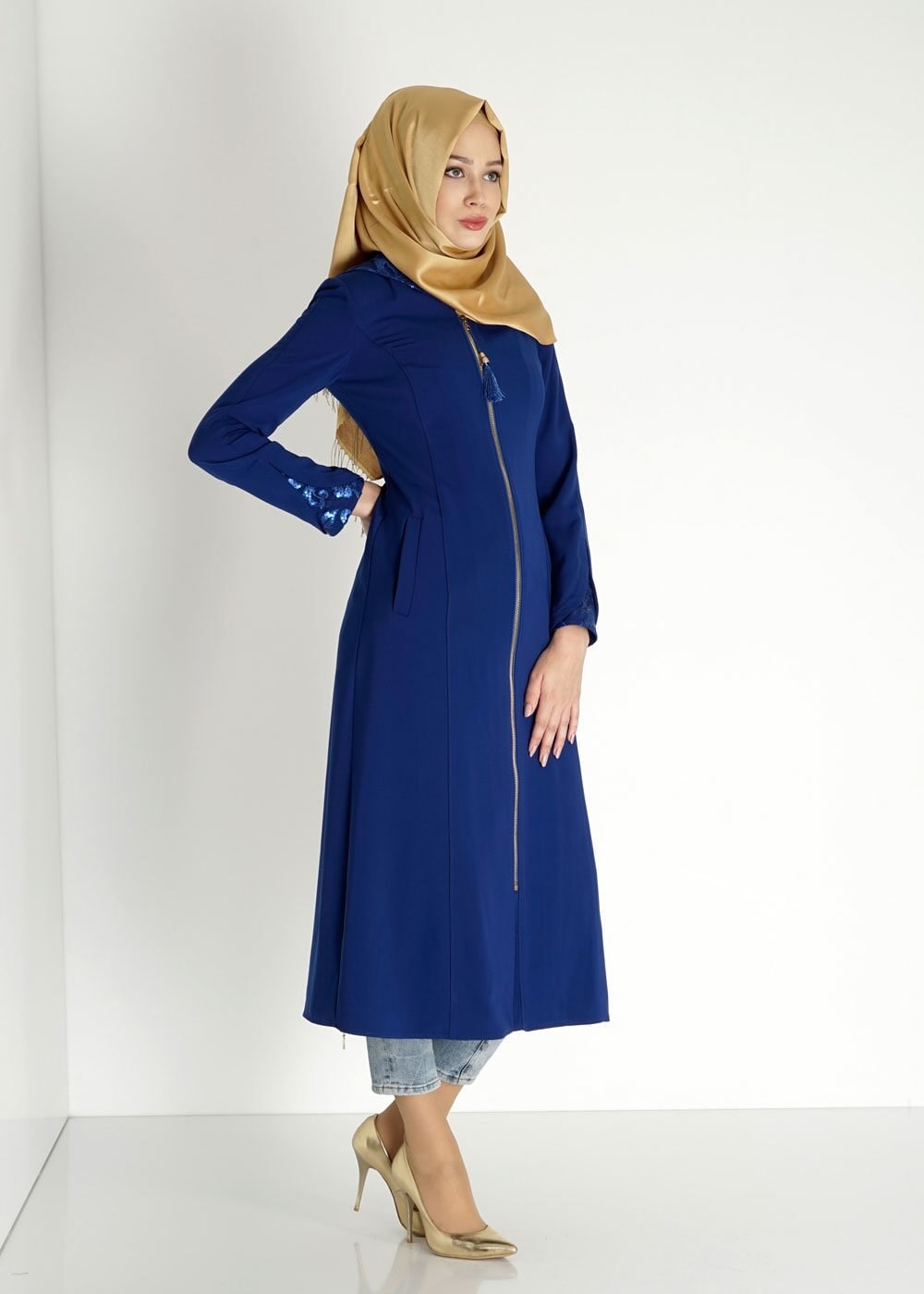Tesettür giyim MAVİ KAPÜŞONLU PUL PAYET DETAYLI PARDESÜ 1542