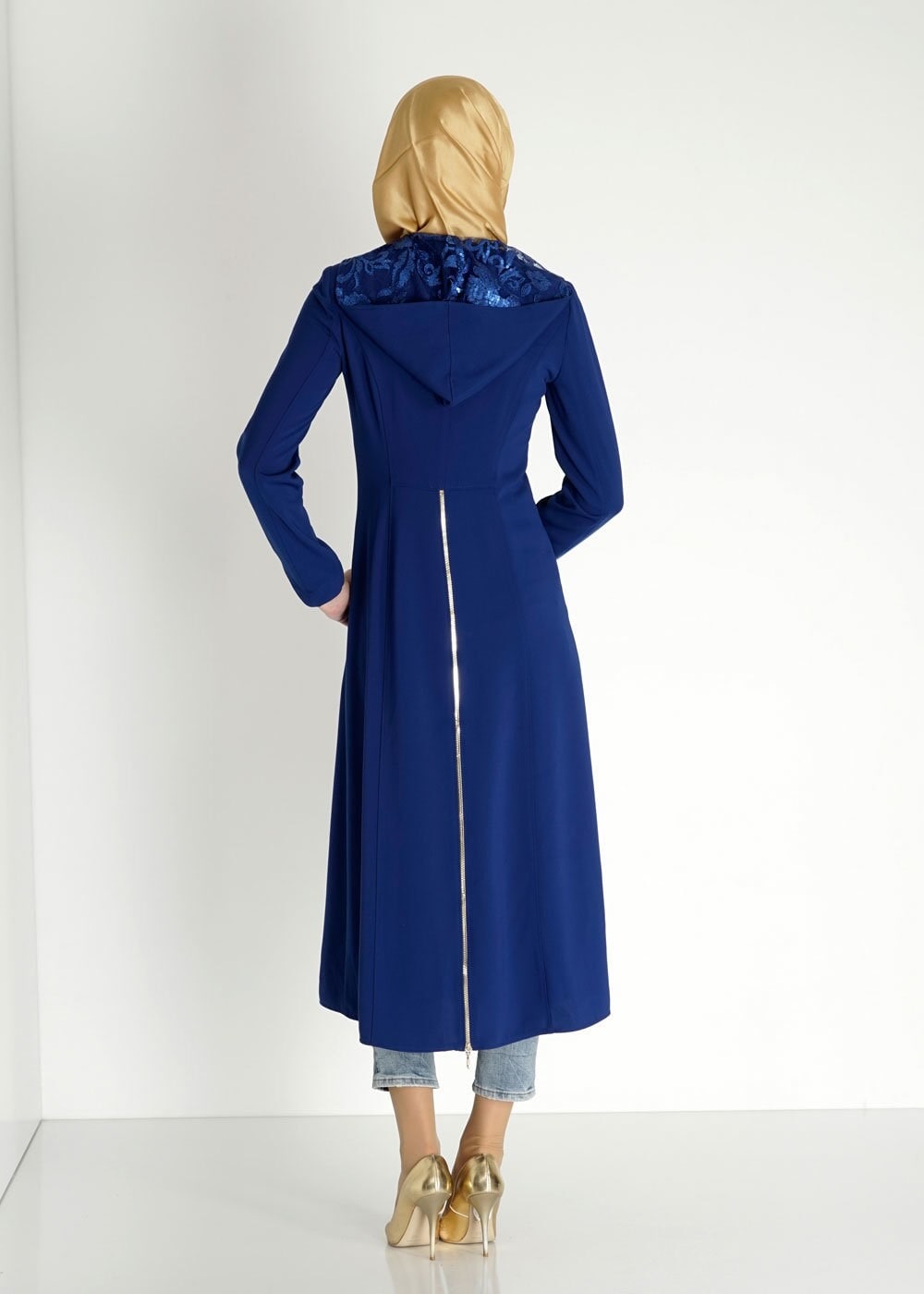 Tesettür giyim MAVİ KAPÜŞONLU PUL PAYET DETAYLI PARDESÜ 1542