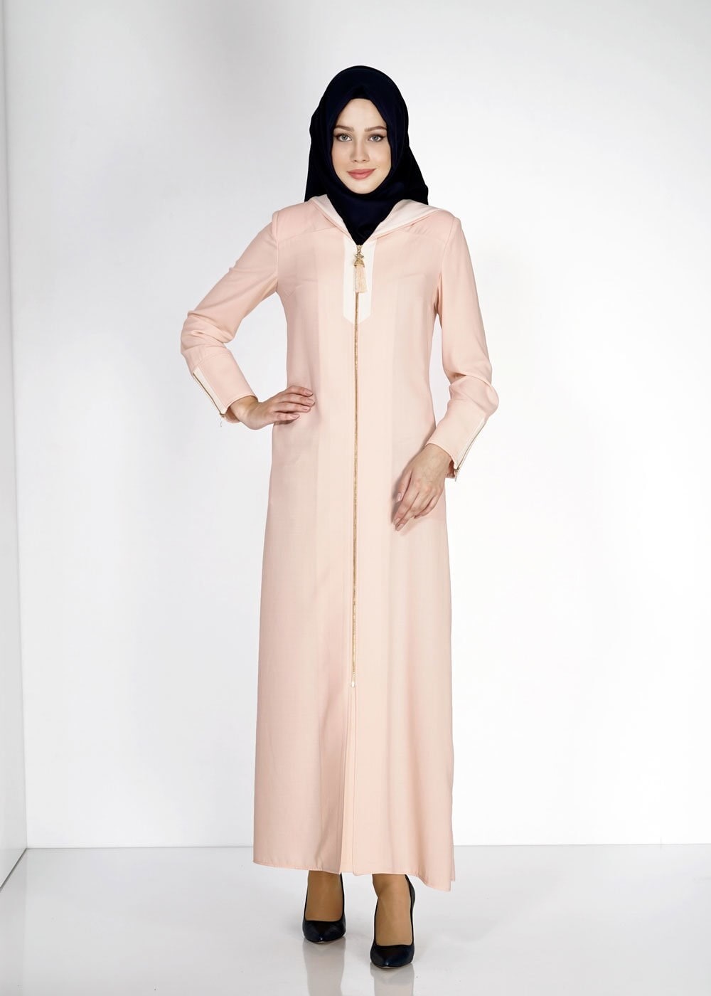 Tesettür giyim PUDRA KAPÜŞONLU FERMUARLI PARDESÜ 1577