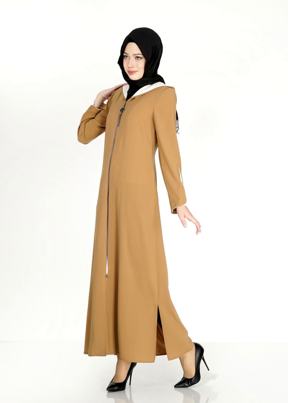 Tesettür giyim KAHVE KAPÜŞONLU ŞERİT DETAYLI PARDESÜ 1578