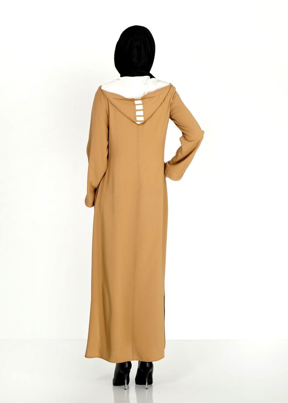 Tesettür giyim KAHVE KAPÜŞONLU ŞERİT DETAYLI PARDESÜ 1578