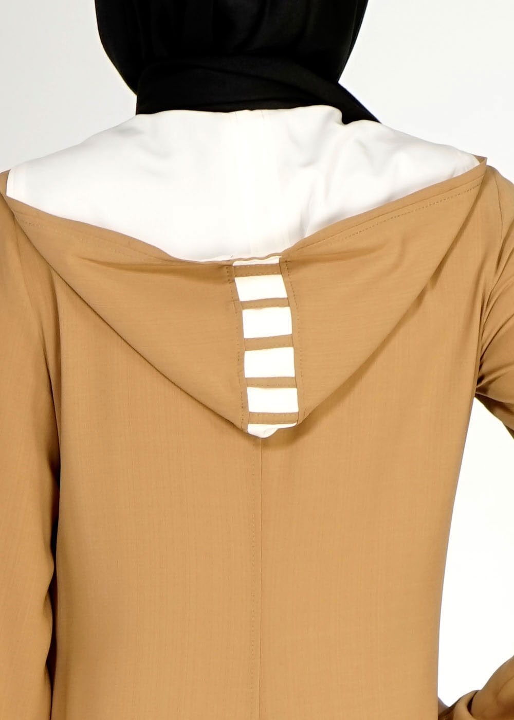 Tesettür giyim KAHVE KAPÜŞONLU ŞERİT DETAYLI PARDESÜ 1578