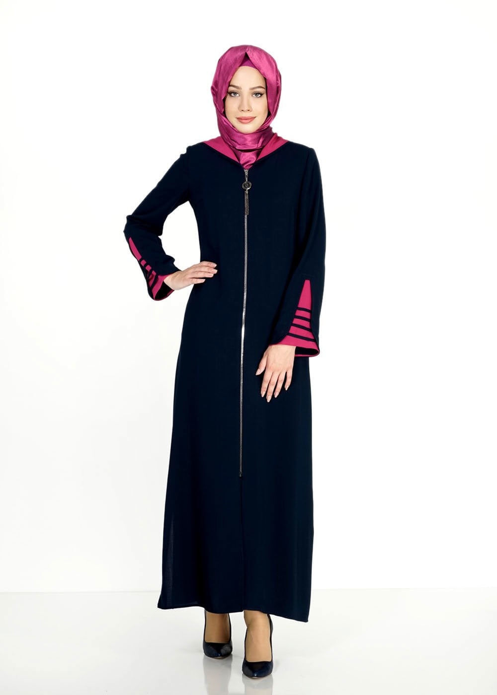 Tesettür giyim LACİVERT KAPÜŞONLU ŞERİT DETAYLI PARDESÜ 1578