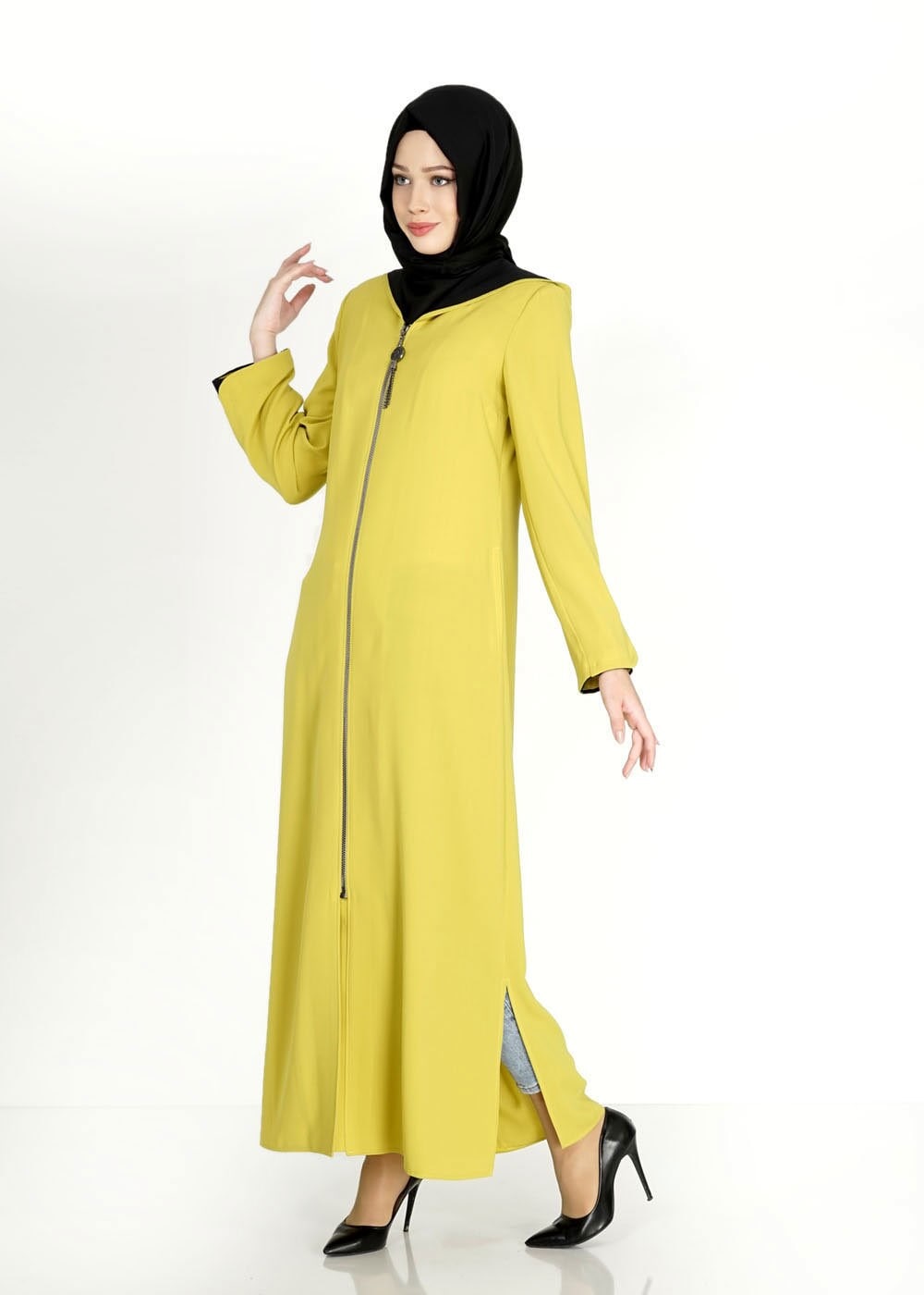 Tesettür giyim YEŞİL KAPÜŞONLU ŞERİT DETAYLI PARDESÜ 1578