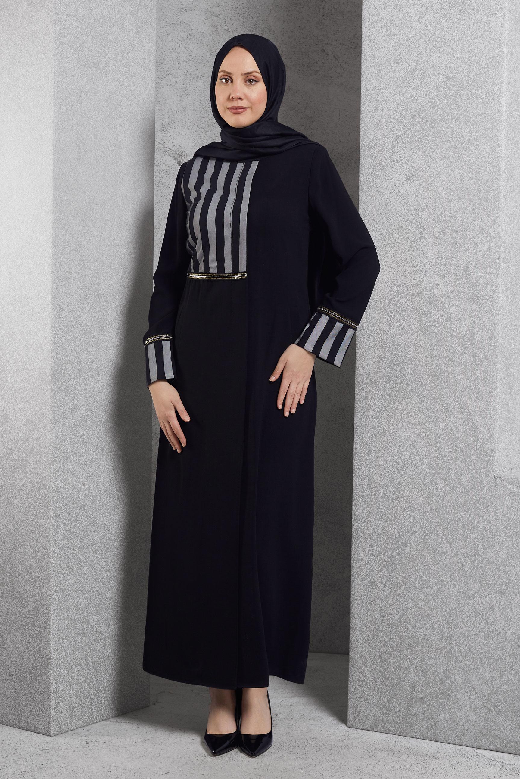 Tesettür giyim SİYAH ÇİZGİLİ PARDESÜ 1584