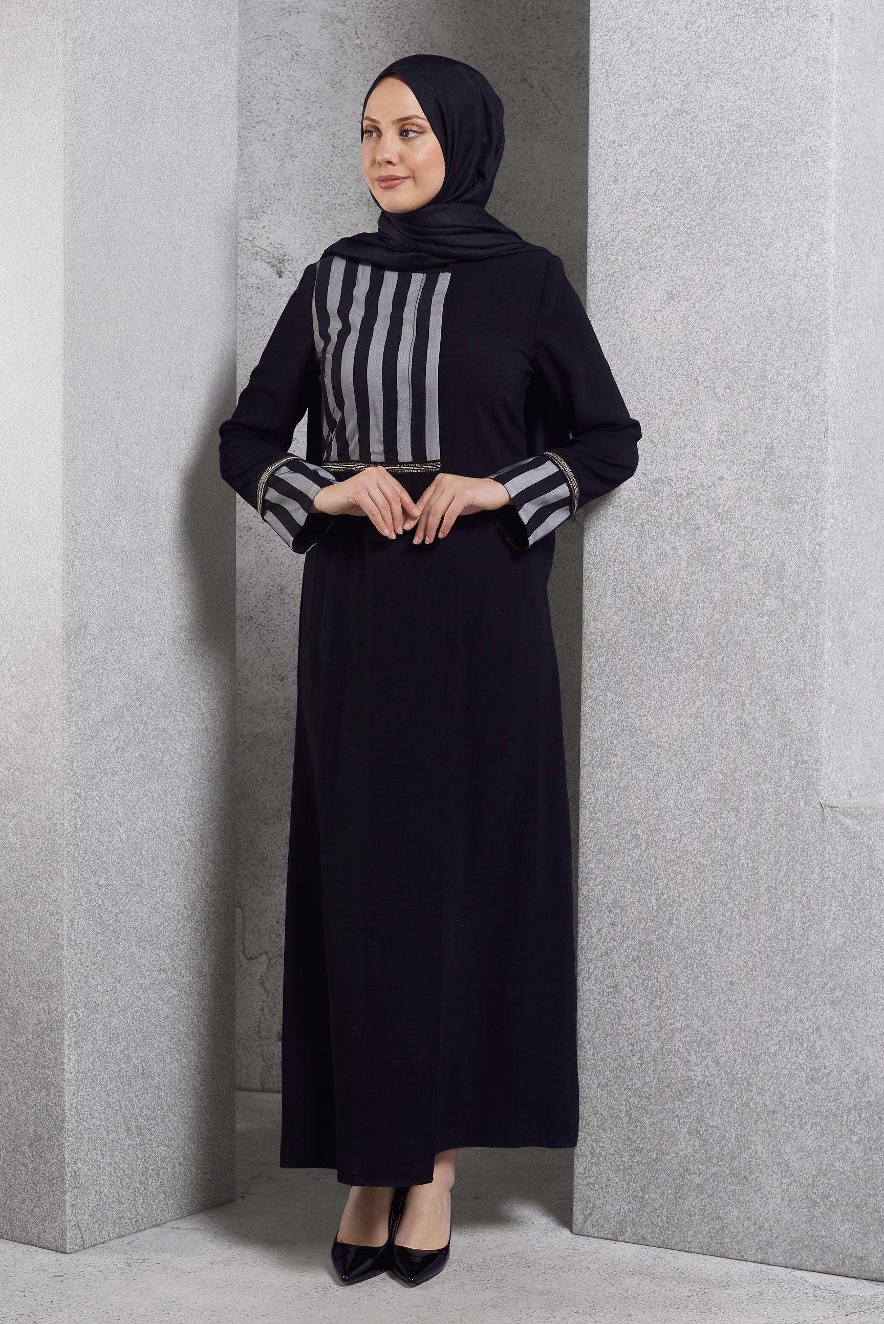 Tesettür giyim SİYAH ÇİZGİLİ PARDESÜ 1584