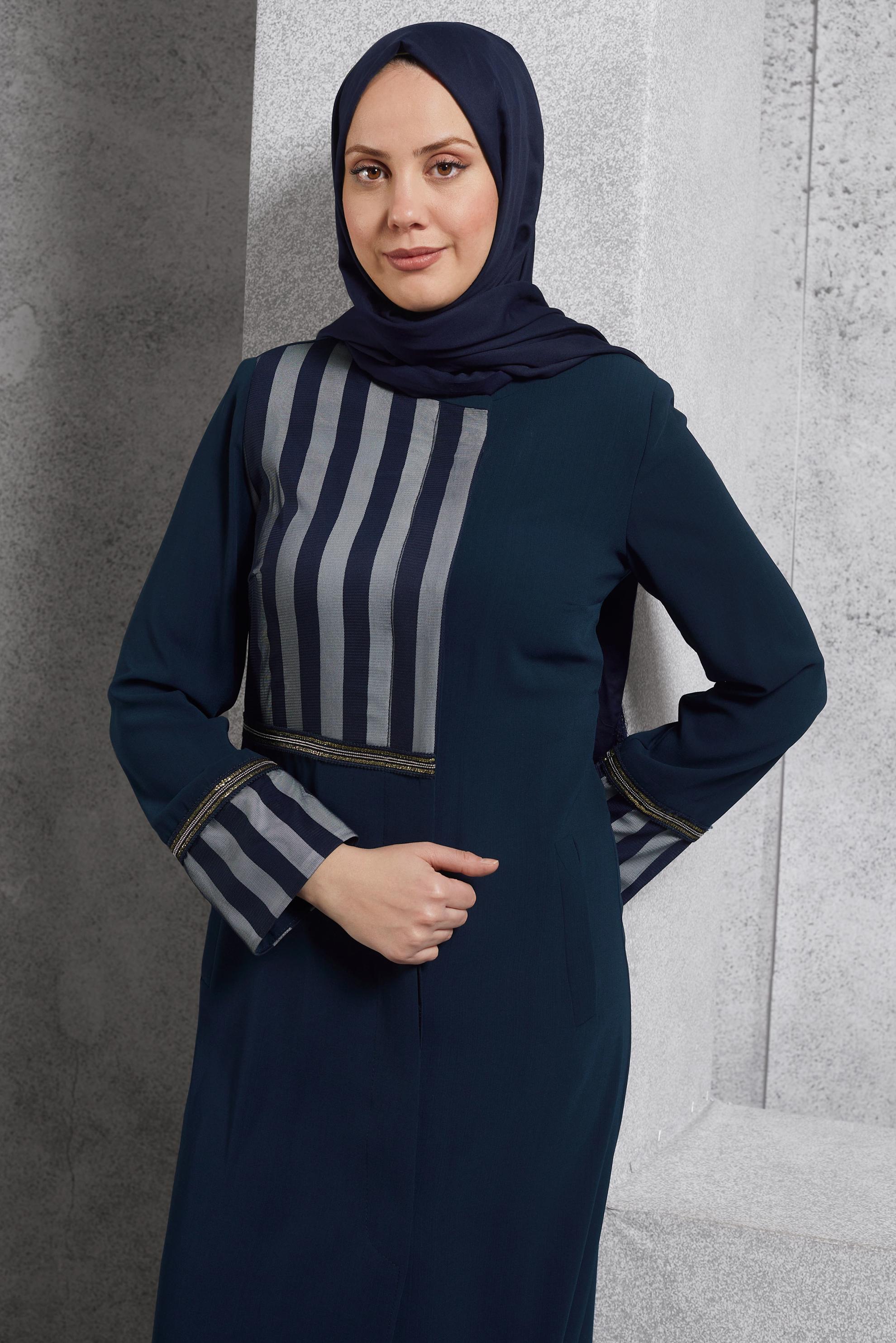 Tesettür giyim LACİVERT ÇİZGİLİ PARDESÜ 1584
