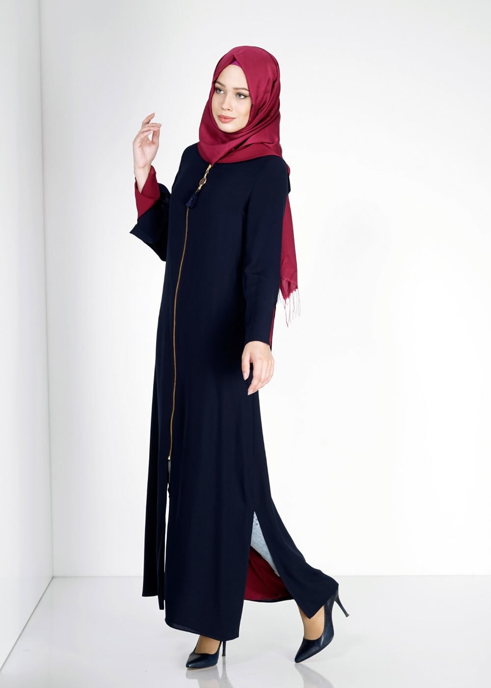 Tesettür giyim LACİVERT KAPÜŞONLU İSPANYOL KOL ÇİFT TARAFLI PARDESÜ 1589