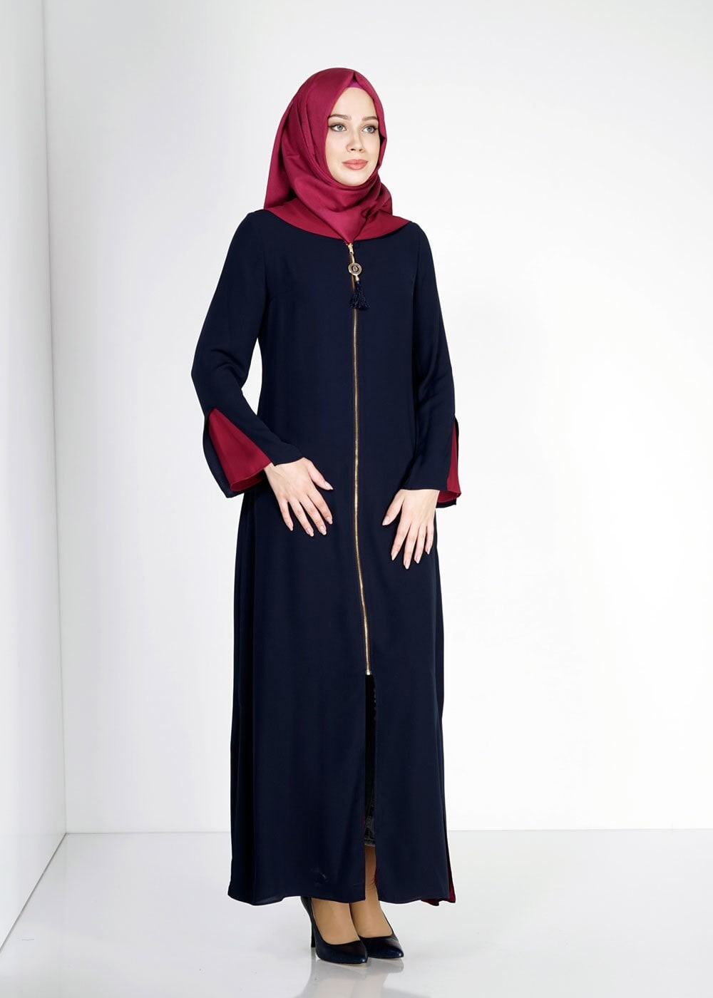 Tesettür giyim LACİVERT KAPÜŞONLU İSPANYOL KOL ÇİFT TARAFLI PARDESÜ 1589