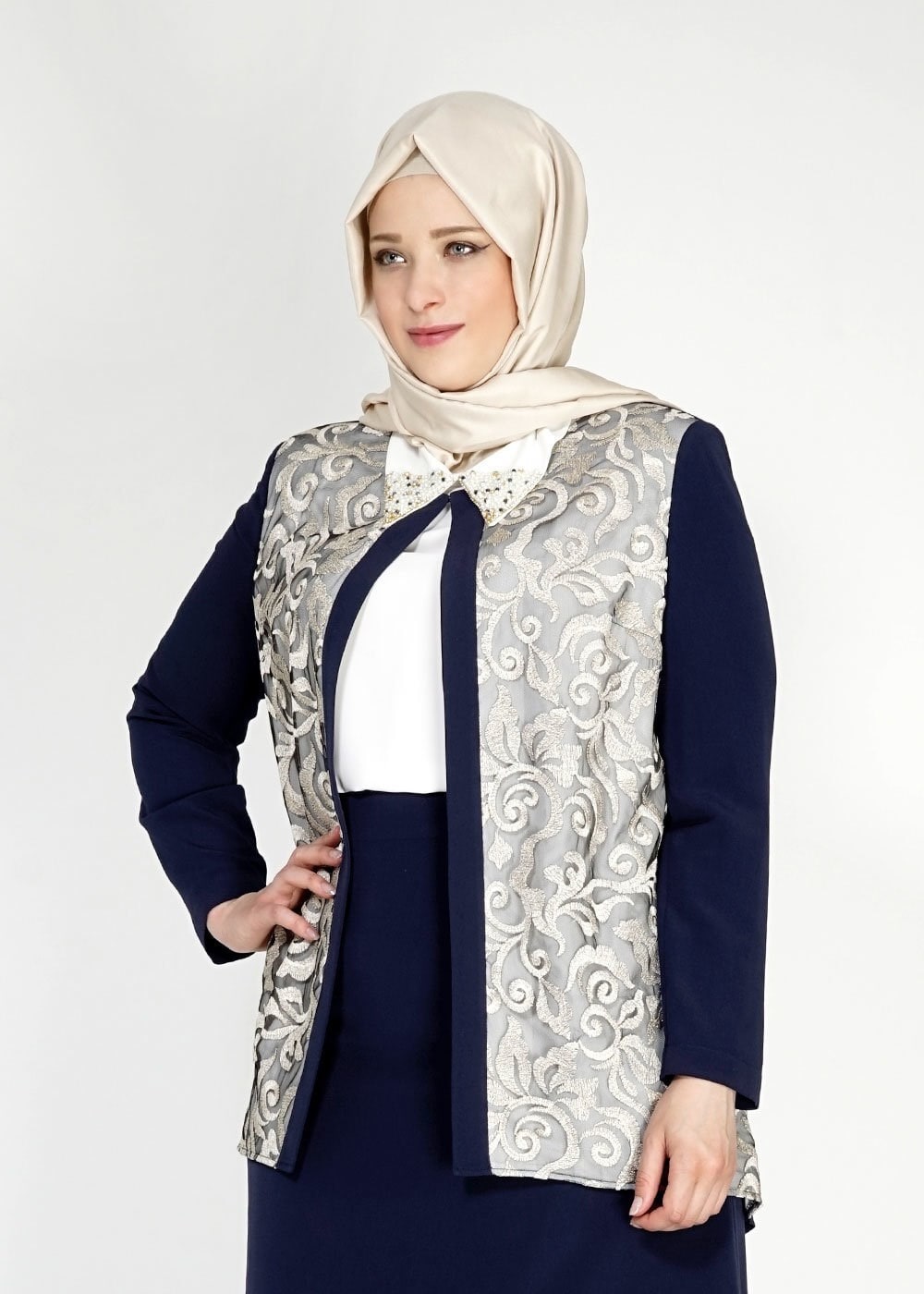 Tesettür giyim LACİVERT 3101E Brode 3lü Etk. Tesettür Tkm