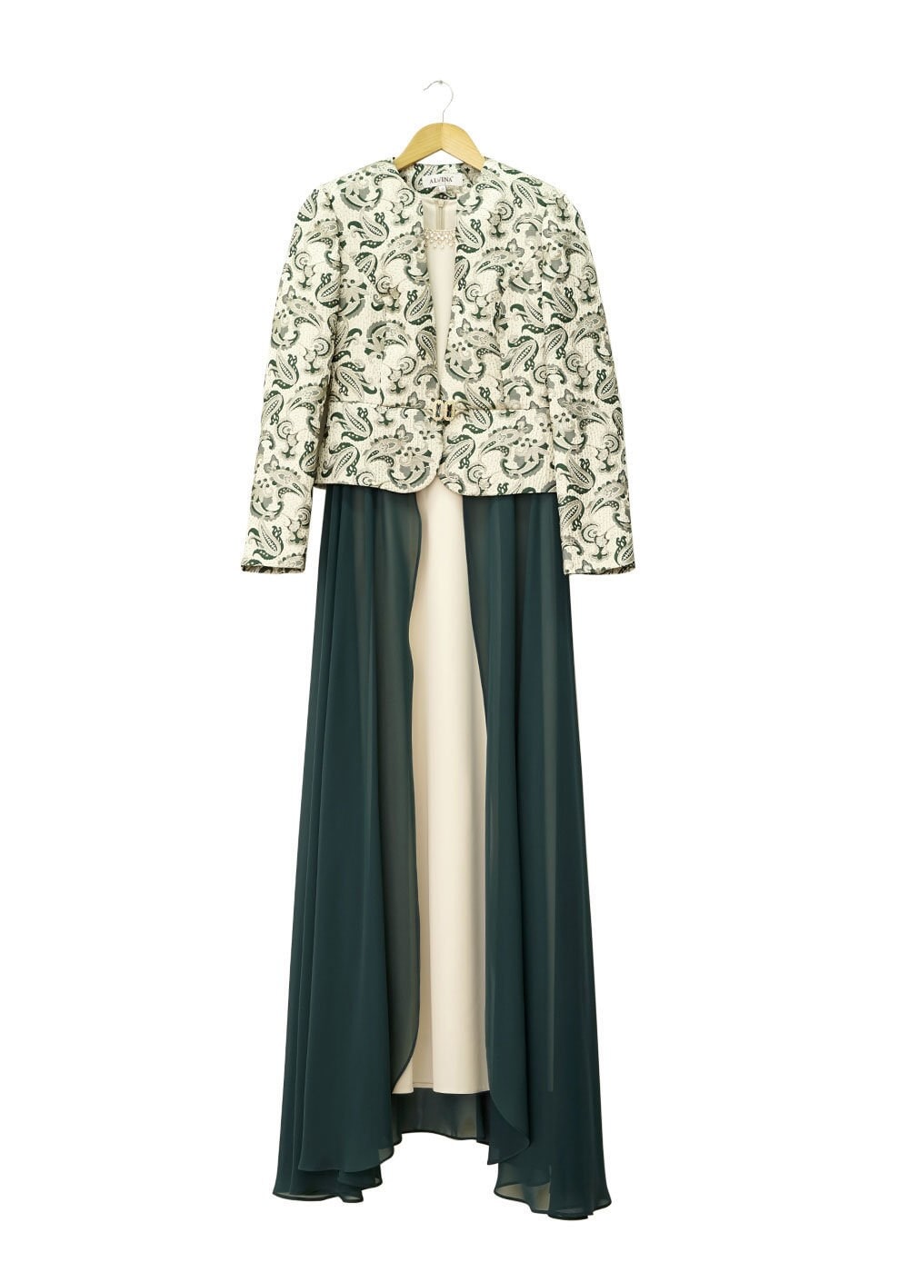 Tesettür giyim YEŞİL DESENLİ TÜL DETAYLI İKİLİ ELBİSELİ TAKIM 3095