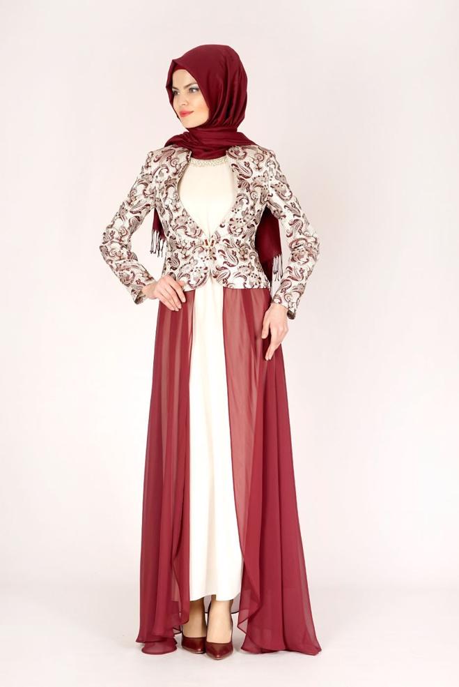 Hijab clothing CLARET RED PATTERNED TULLE DETAIL 2-PIECE PANTS SUIT 3095 - ALVİNA