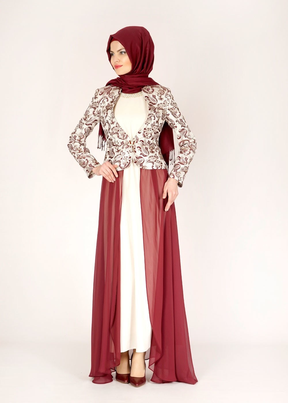 Tesettür giyim BORDO DESENLİ TÜL DETAYLI İKİLİ ELBİSELİ TAKIM 3095