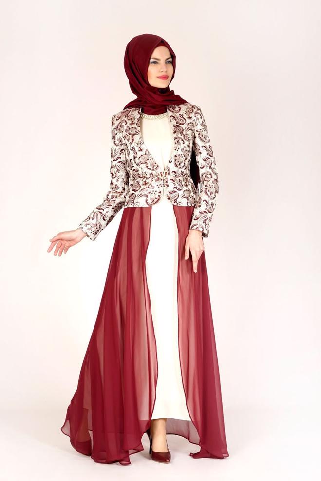 Hijab clothing CLARET RED PATTERNED TULLE DETAIL 2-PIECE PANTS SUIT 3095 - ALVİNA