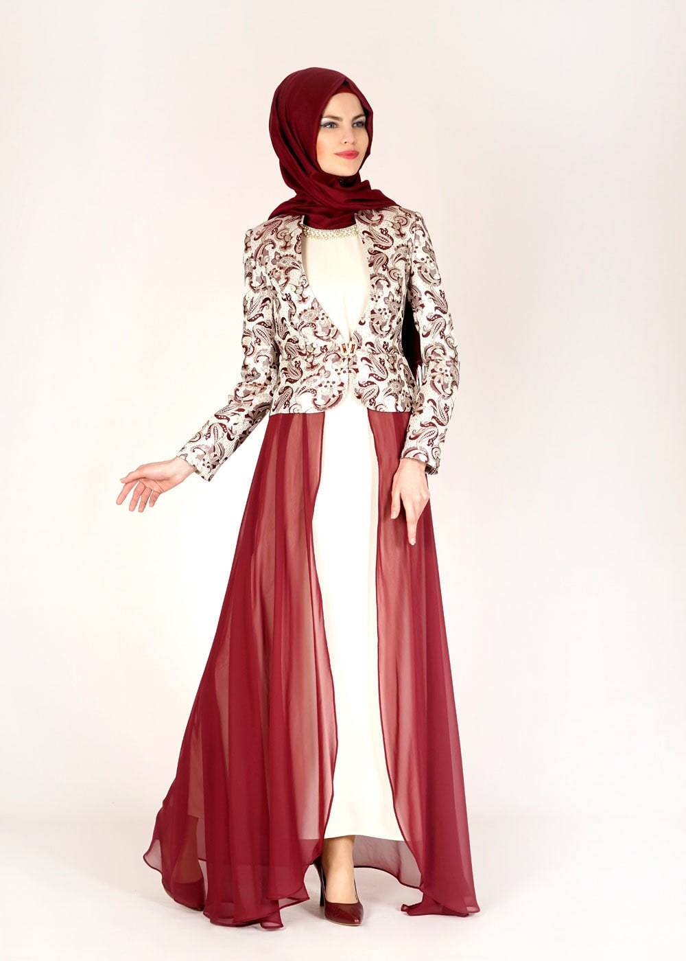 Tesettür giyim BORDO DESENLİ TÜL DETAYLI İKİLİ ELBİSELİ TAKIM 3095