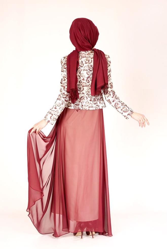 Hijab clothing CLARET RED PATTERNED TULLE DETAIL 2-PIECE PANTS SUIT 3095 - ALVİNA