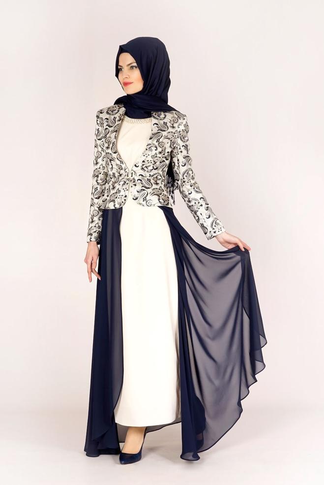 Hijab clothing NAVY BLUE PATTERNED TULLE DETAIL 2-PIECE PANTS SUIT 3095 - ALVİNA