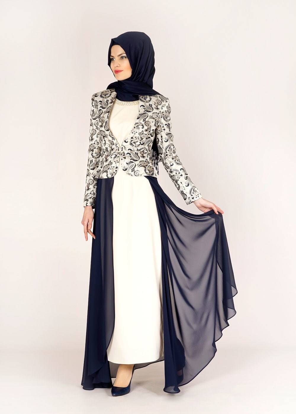 Tesettür giyim LACİVERT DESENLİ TÜL DETAYLI İKİLİ ELBİSELİ TAKIM 3095