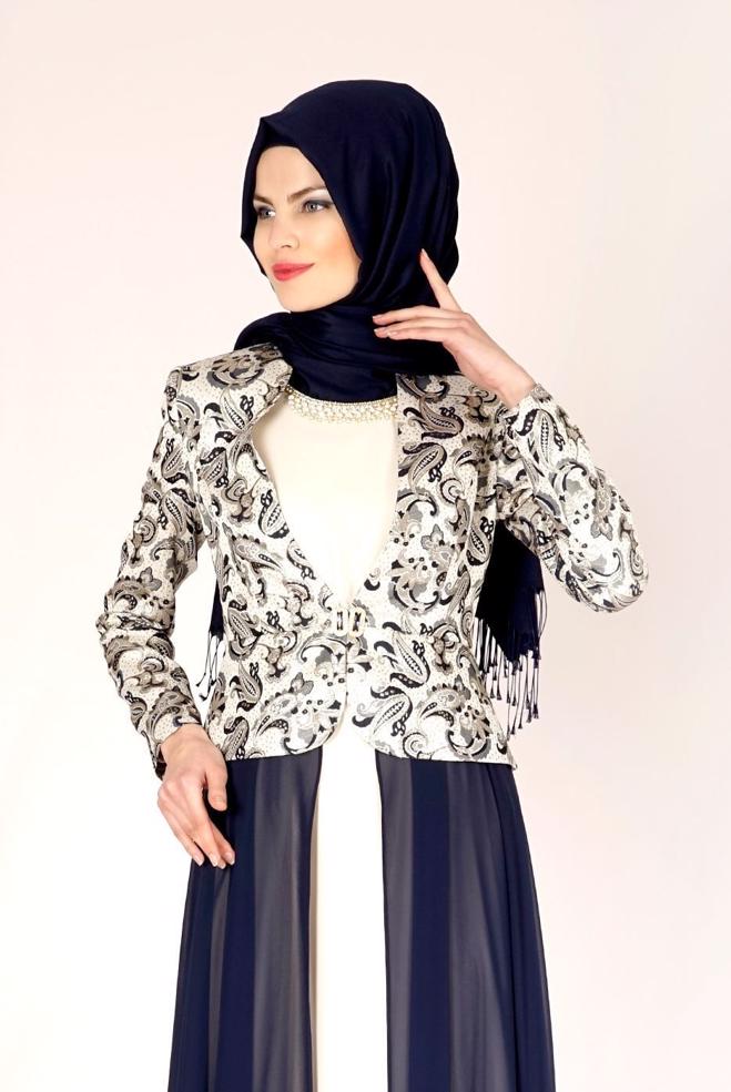 Hijab clothing NAVY BLUE PATTERNED TULLE DETAIL 2-PIECE PANTS SUIT 3095 - ALVİNA