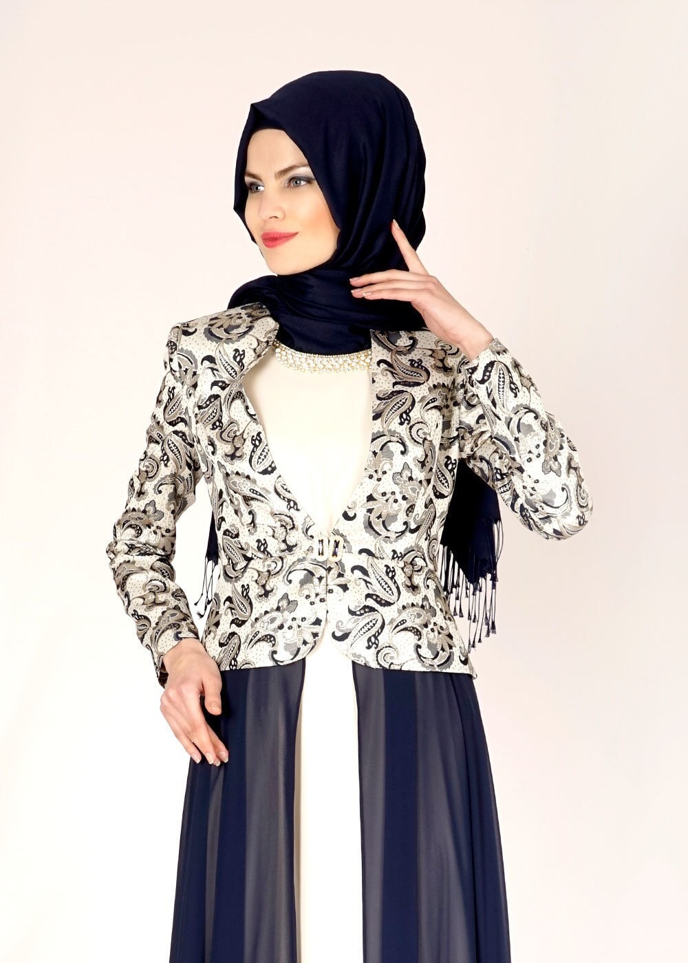 Tesettür giyim LACİVERT DESENLİ TÜL DETAYLI İKİLİ ELBİSELİ TAKIM 3095