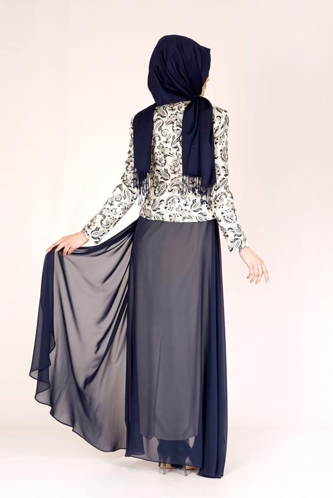 Hijab clothing NAVY BLUE PATTERNED TULLE DETAIL 2-PIECE PANTS SUIT 3095 - ALVİNA