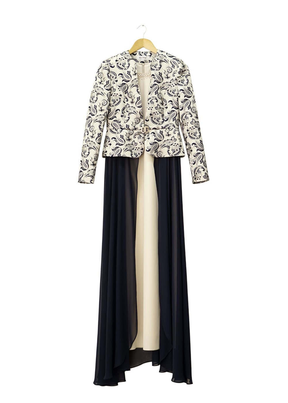 Tesettür giyim LACİVERT DESENLİ TÜL DETAYLI İKİLİ ELBİSELİ TAKIM 3095