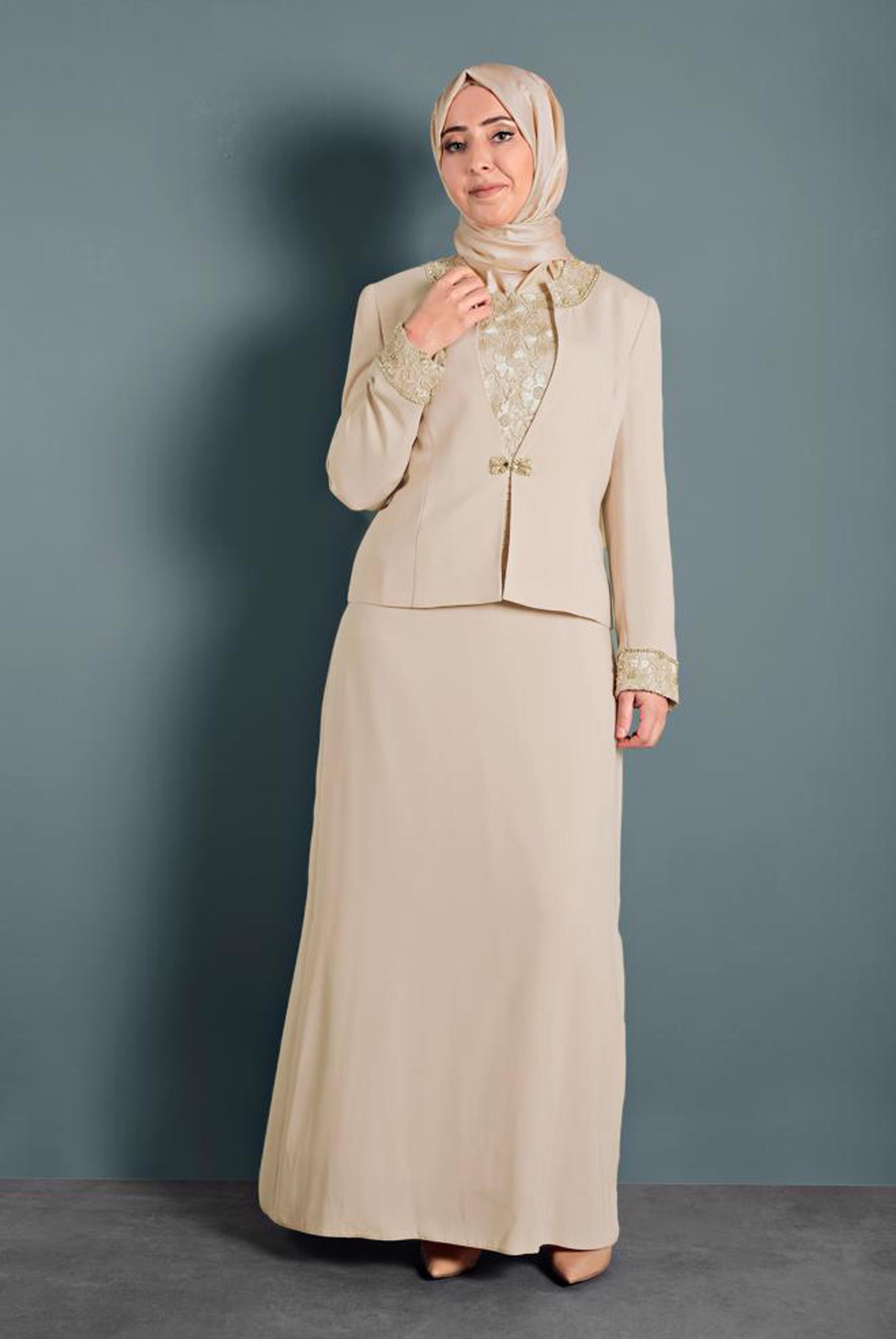 Tesettür giyim BEJ GÜPÜRLÜ 2&prime;Lİ ELBİSELİ TAKIM 3111