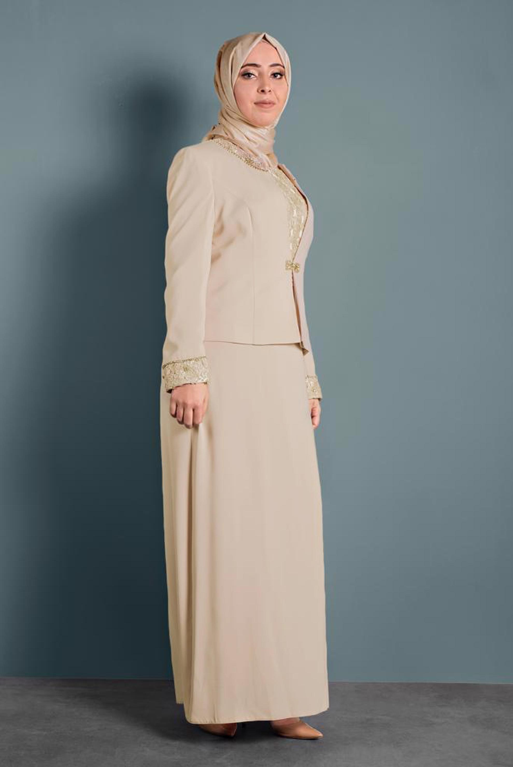Tesettür giyim BEJ GÜPÜRLÜ 2&prime;Lİ ELBİSELİ TAKIM 3111