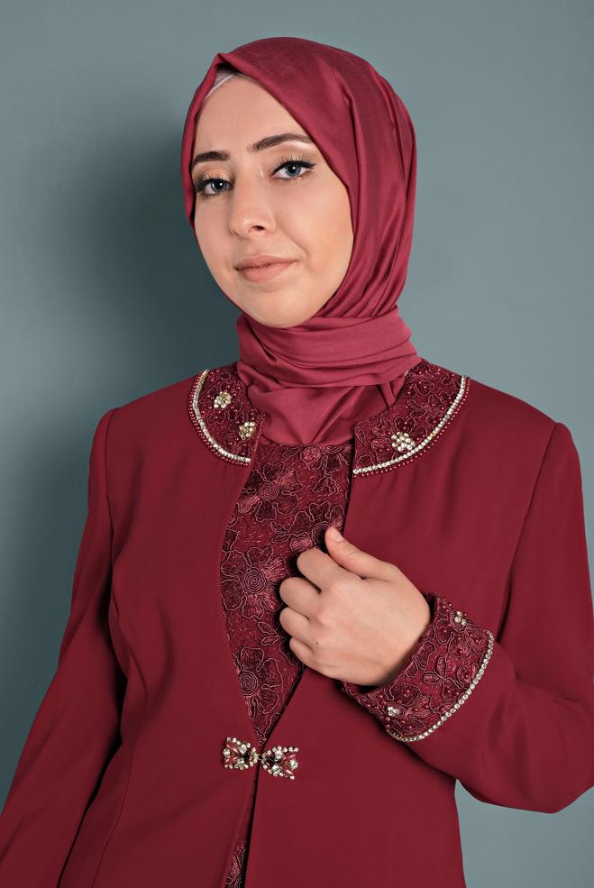 Vêtements hijab ROUGE BORDEAUX ENSEMBLE 2 PIÈCES GUIPURÉ 3111 - ALVİNA