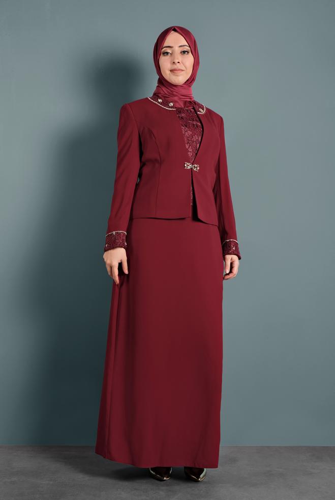 Vêtements hijab ROUGE BORDEAUX ENSEMBLE 2 PIÈCES GUIPURÉ 3111 - ALVİNA