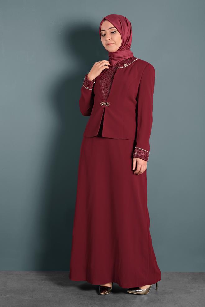 Vêtements hijab ROUGE BORDEAUX ENSEMBLE 2 PIÈCES GUIPURÉ 3111 - ALVİNA