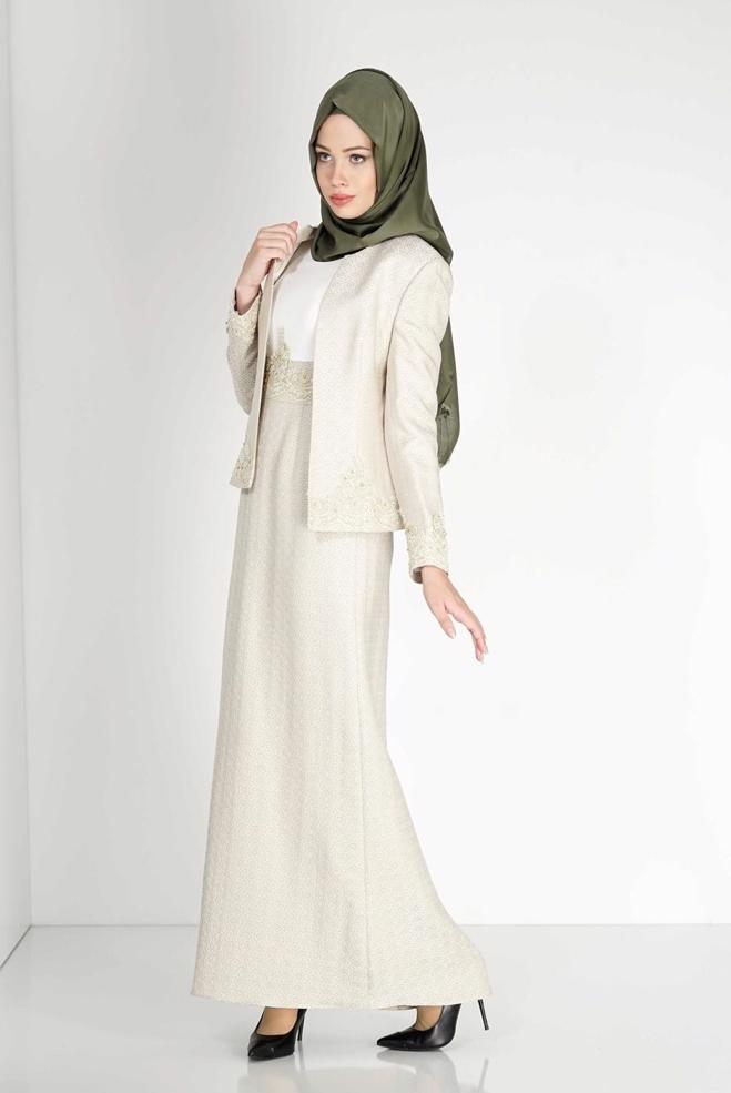 Hijab clothing BEIGE EMBROIDERED PATTERNED 2-PIECE DRESS SUIT 3121 - ALVİNA