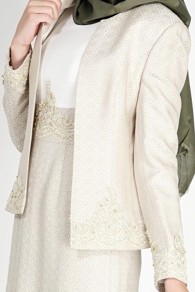 Hijab clothing BEIGE EMBROIDERED PATTERNED 2-PIECE DRESS SUIT 3121 - ALVİNA
