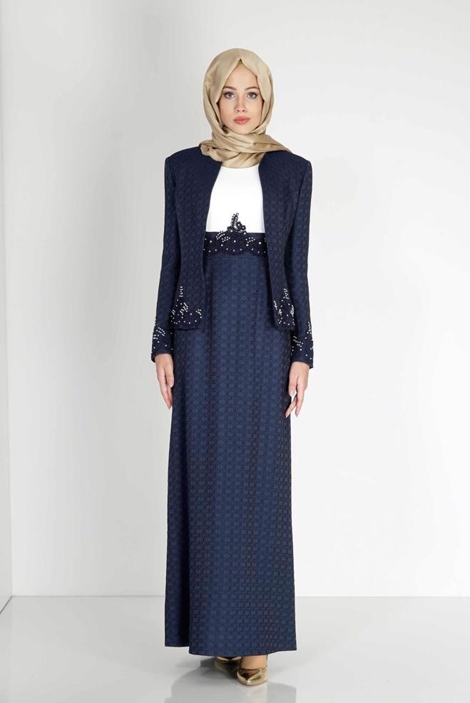 Hijab clothing NAVY BLUE EMBROIDERED PATTERNED 2-PIECE DRESS SUIT 3121 - ALVİNA