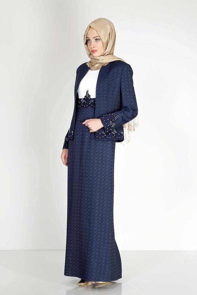 Hijab clothing NAVY BLUE EMBROIDERED PATTERNED 2-PIECE DRESS SUIT 3121 - ALVİNA