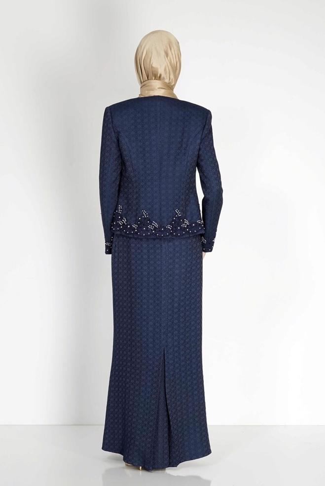 Hijab clothing NAVY BLUE EMBROIDERED PATTERNED 2-PIECE DRESS SUIT 3121 - ALVİNA