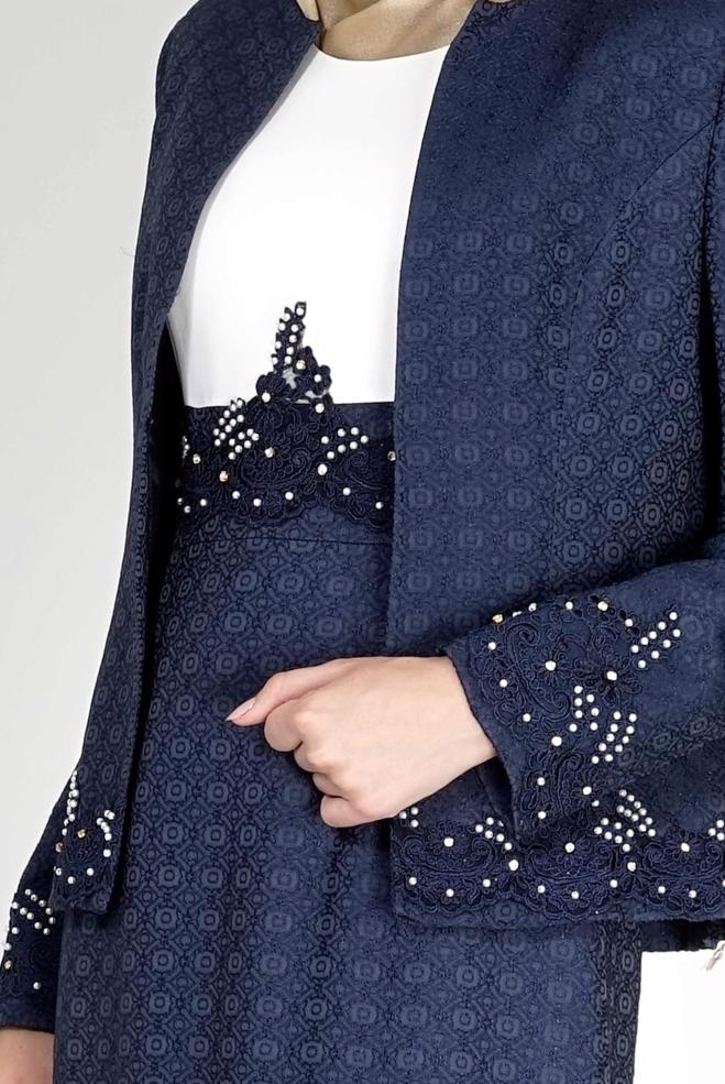 Hijab clothing NAVY BLUE EMBROIDERED PATTERNED 2-PIECE DRESS SUIT 3121 - ALVİNA