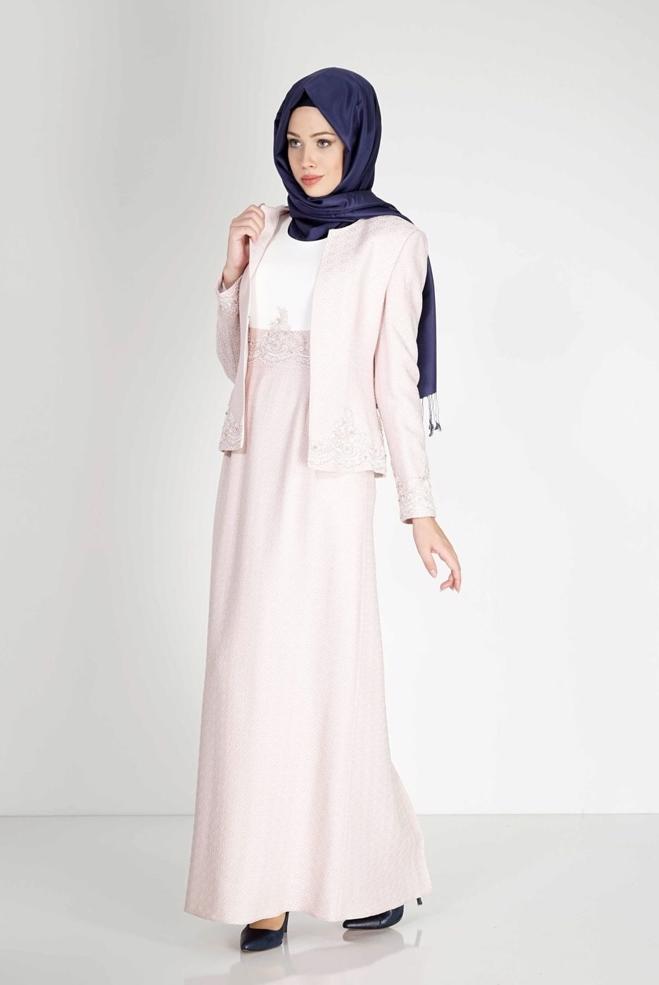 Hijab clothing POWDER EMBROIDERED PATTERNED 2-PIECE DRESS SUIT 3121 - ALVİNA
