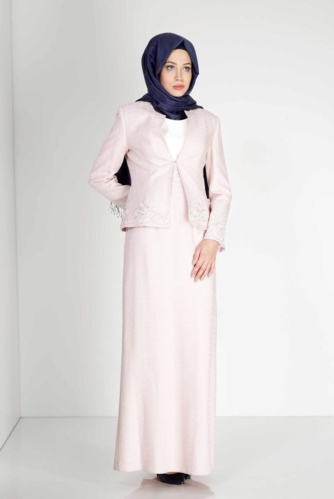 Hijab clothing POWDER EMBROIDERED PATTERNED 2-PIECE DRESS SUIT 3121 - ALVİNA