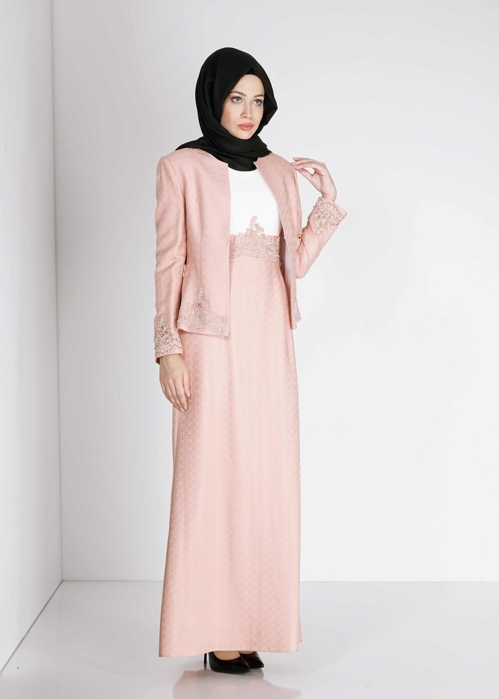 Hijab clothing POWDER EMBROIDERED PATTERNED 2-PIECE DRESS SUIT 3121