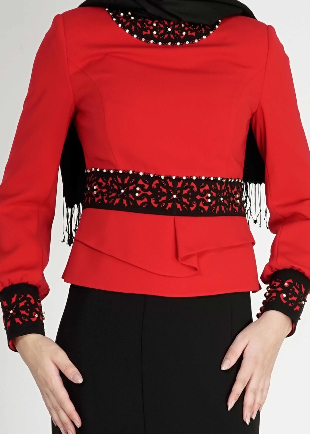 Tesettür giyim KIRMIZI BONCUK DETAYLI ETEKLİ TAKIM 3138E