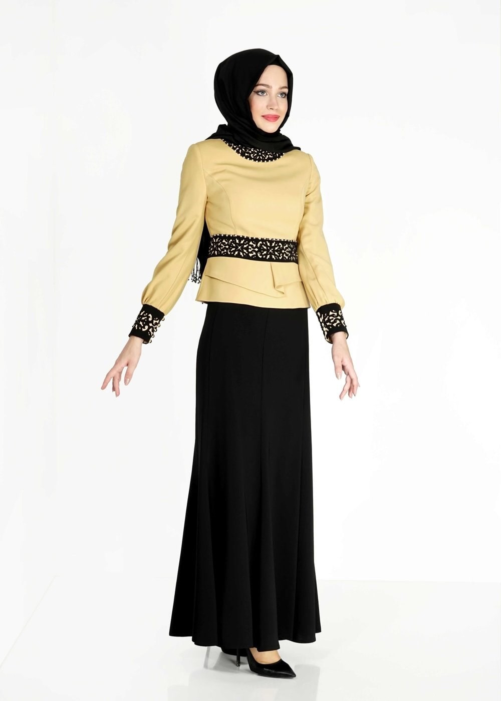 Tesettür giyim SARI BONCUK DETAYLI ETEKLİ TAKIM 3138E