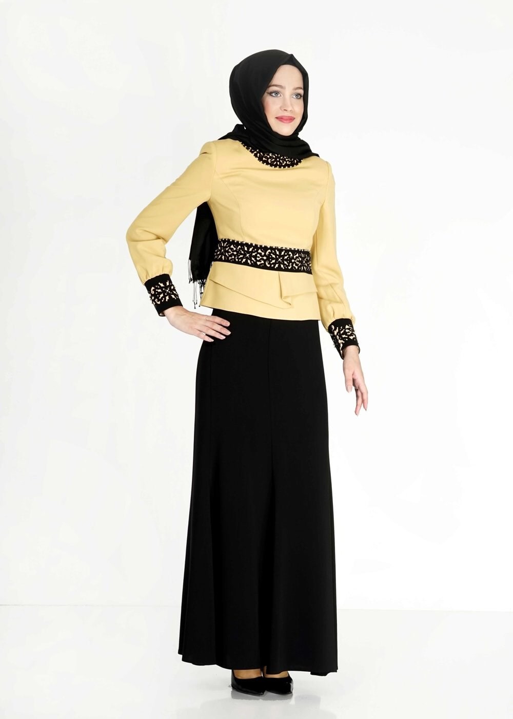 Tesettür giyim SARI BONCUK DETAYLI ETEKLİ TAKIM 3138E