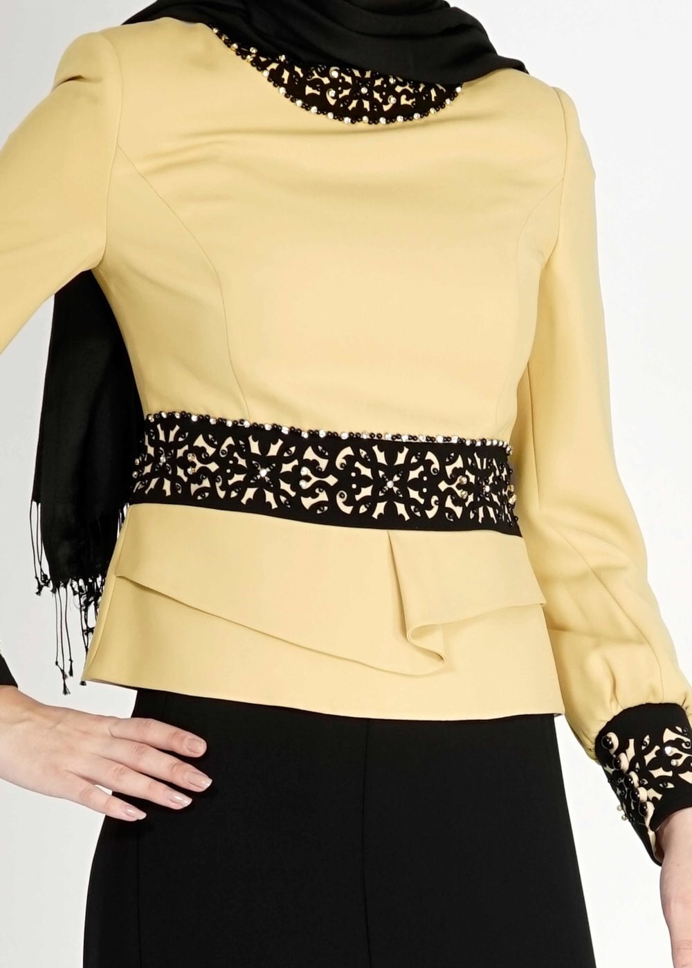 Tesettür giyim SARI BONCUK DETAYLI ETEKLİ TAKIM 3138E