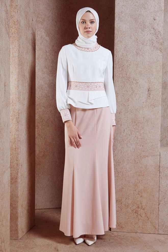 Hijab clothing BEIGE BEADED SKIRTED SUIT 3138E - ALVİNA