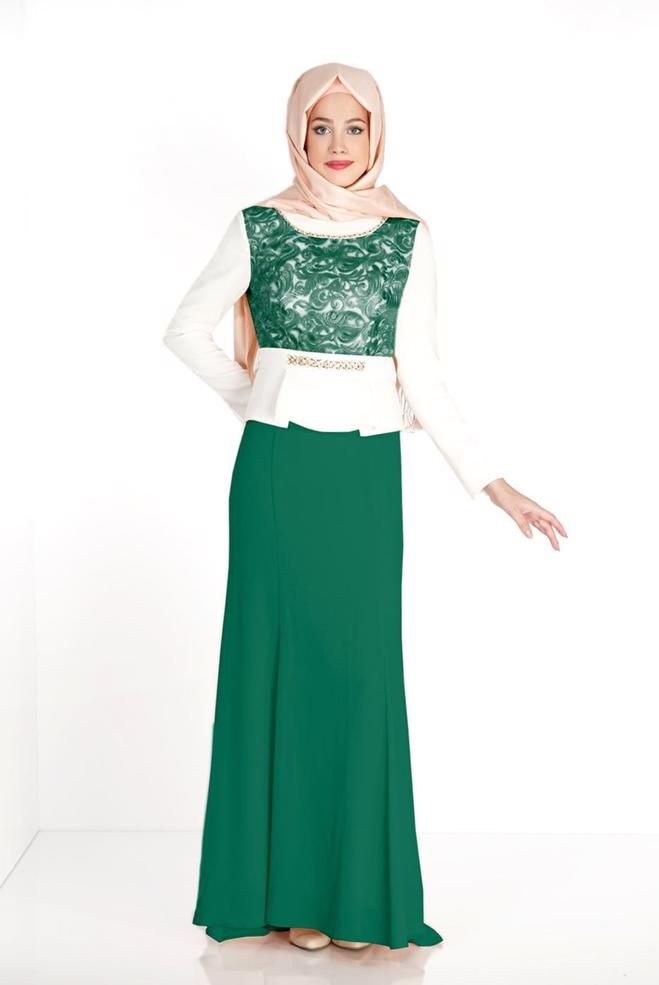 Hijab clothing GREEN PATTERNED EVENING DRESS WITH GEM DETAIL 3140 - ALVİNA
