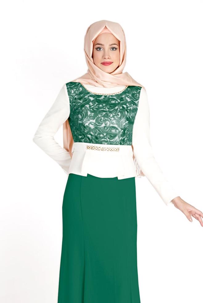 Hijab clothing GREEN PATTERNED EVENING DRESS WITH GEM DETAIL 3140 - ALVİNA