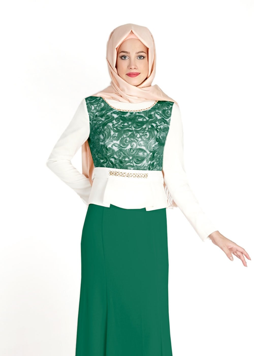 Tesettür giyim YEŞİL DESENLİ TAŞ DETAYLI ABİYE ELBİSE 3140